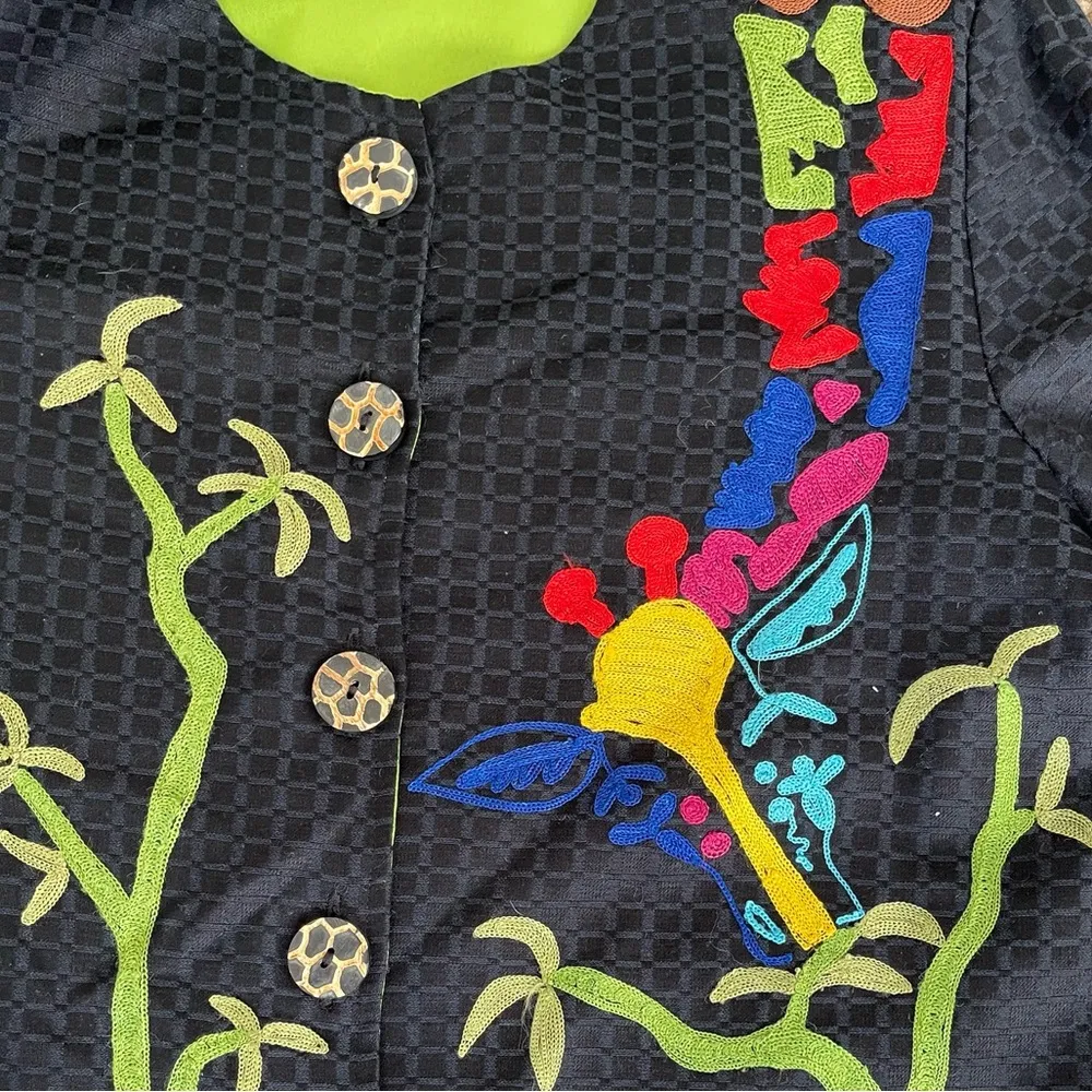 Julia Ku Black Colorful Giraffe Embroidered Jacket With Wooden Buttons Size M Size M - Image 3