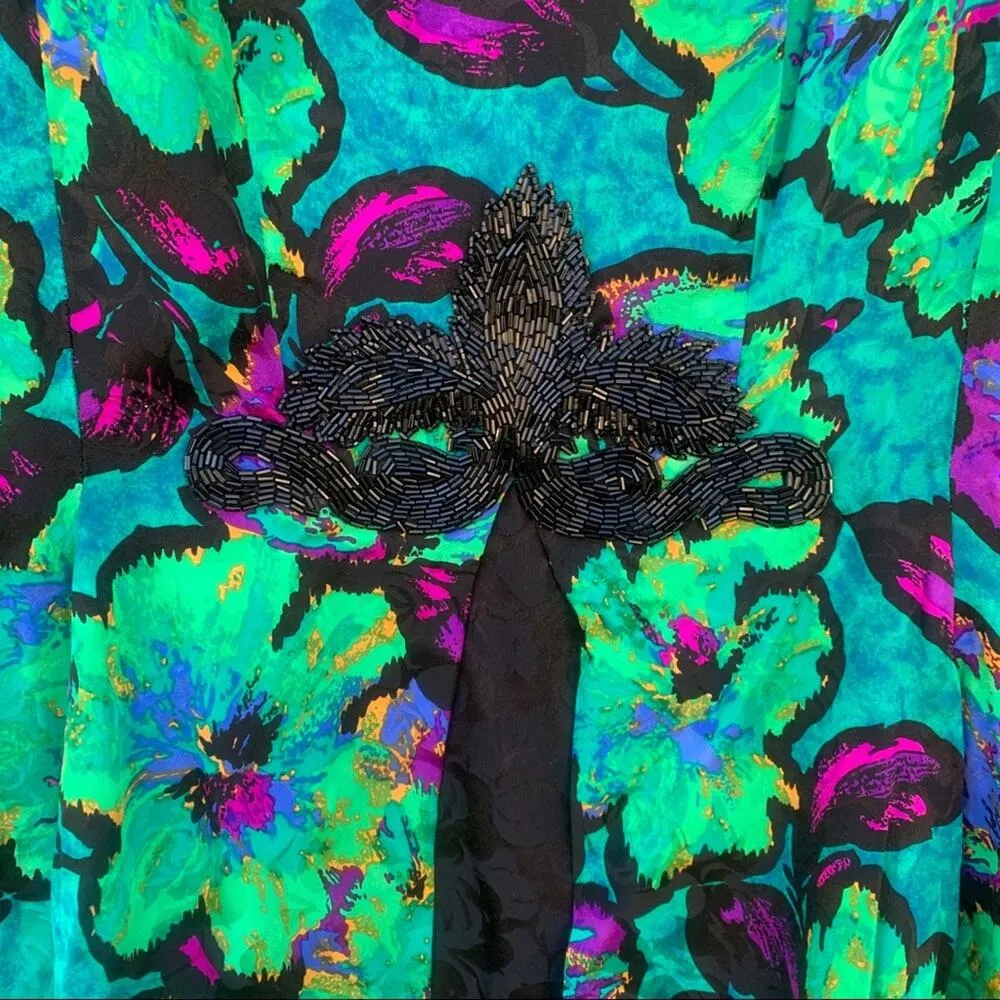 Vintage 90s Adrianna Papell 100% silk dress neon green floral Size 8 - Image 3