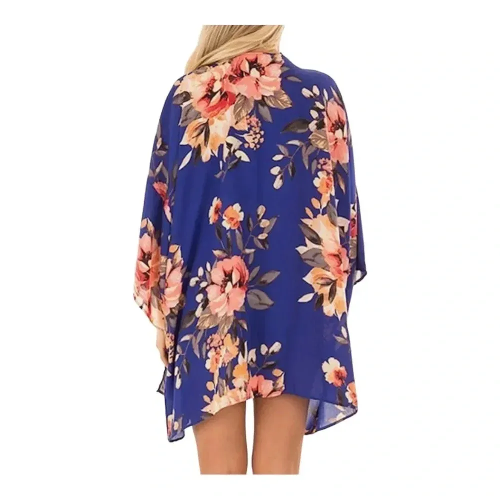 PINKMILLY Floral Print Sheer Chiffon Kimono Cardigan | Small |‎ EUC Blue - Image 6