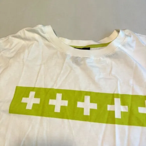 BP + Wildfang White Organic Cotton T-Shirt with Lime Green Cross Detail‎ 1X - Image 4