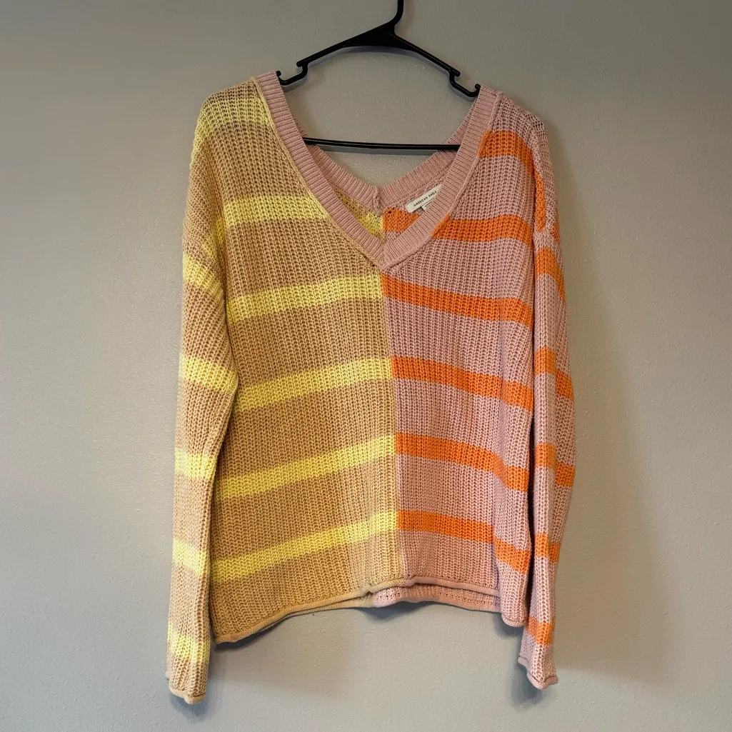 American Eagle Striped Yellow and Orange V Neck Sweater - Image 2