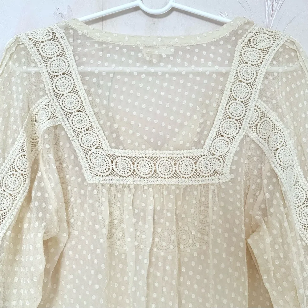 Meadow Rue / Anthropologie Flowy Silk Cream Boho Blouse with Lace Details - Image 6