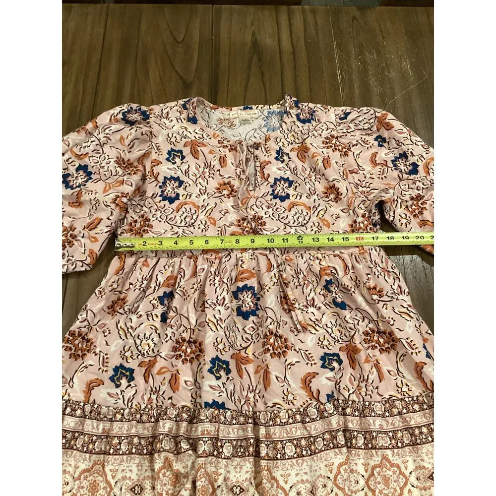 B.O.G. Collective Floral Ruffle Mini indie Bohemian Dress 3/4 Sleeve Printed S - Image 3
