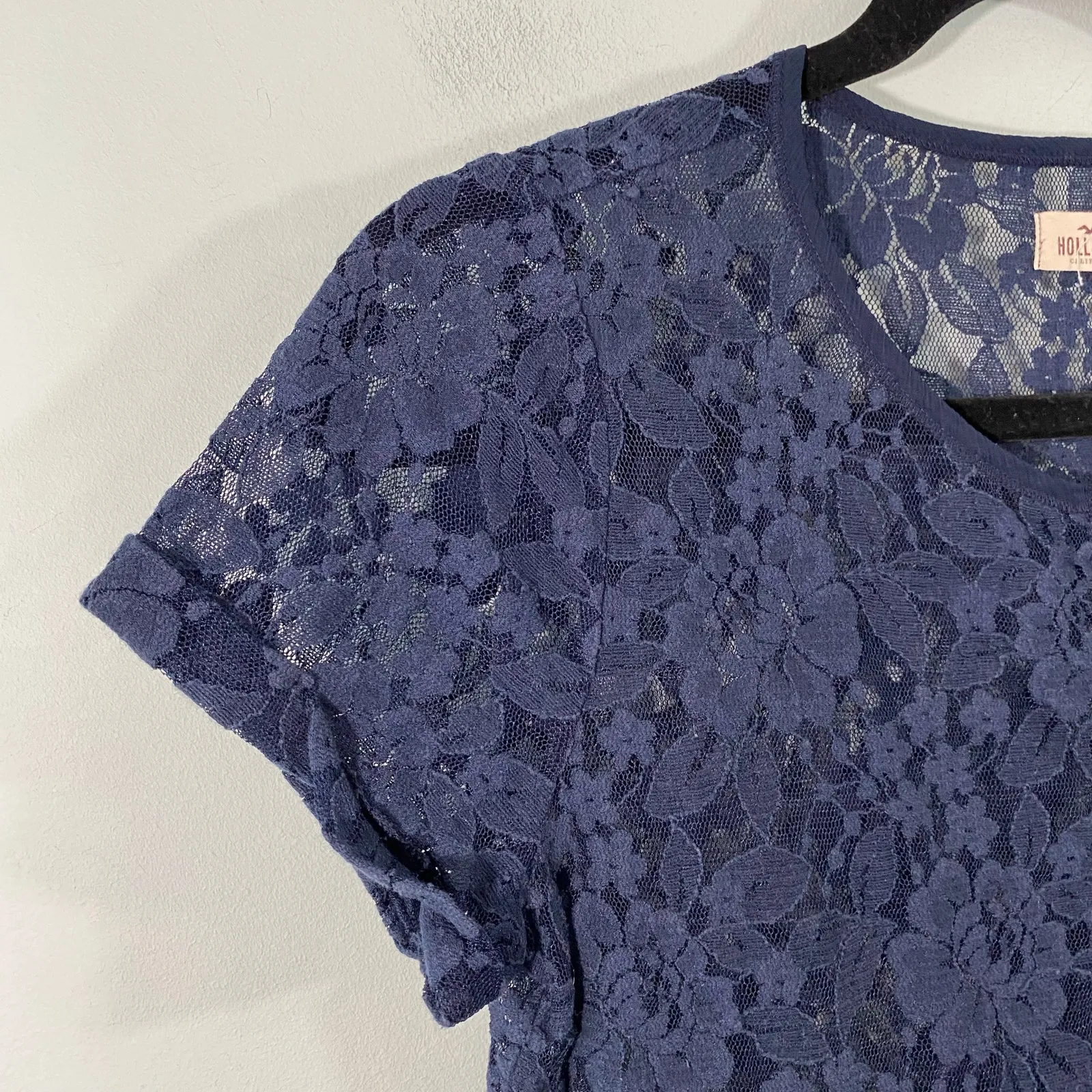 Vtg Y2K Hollister Women Navy Lace Short Sleeve Henley Blouse Size S - Image 6