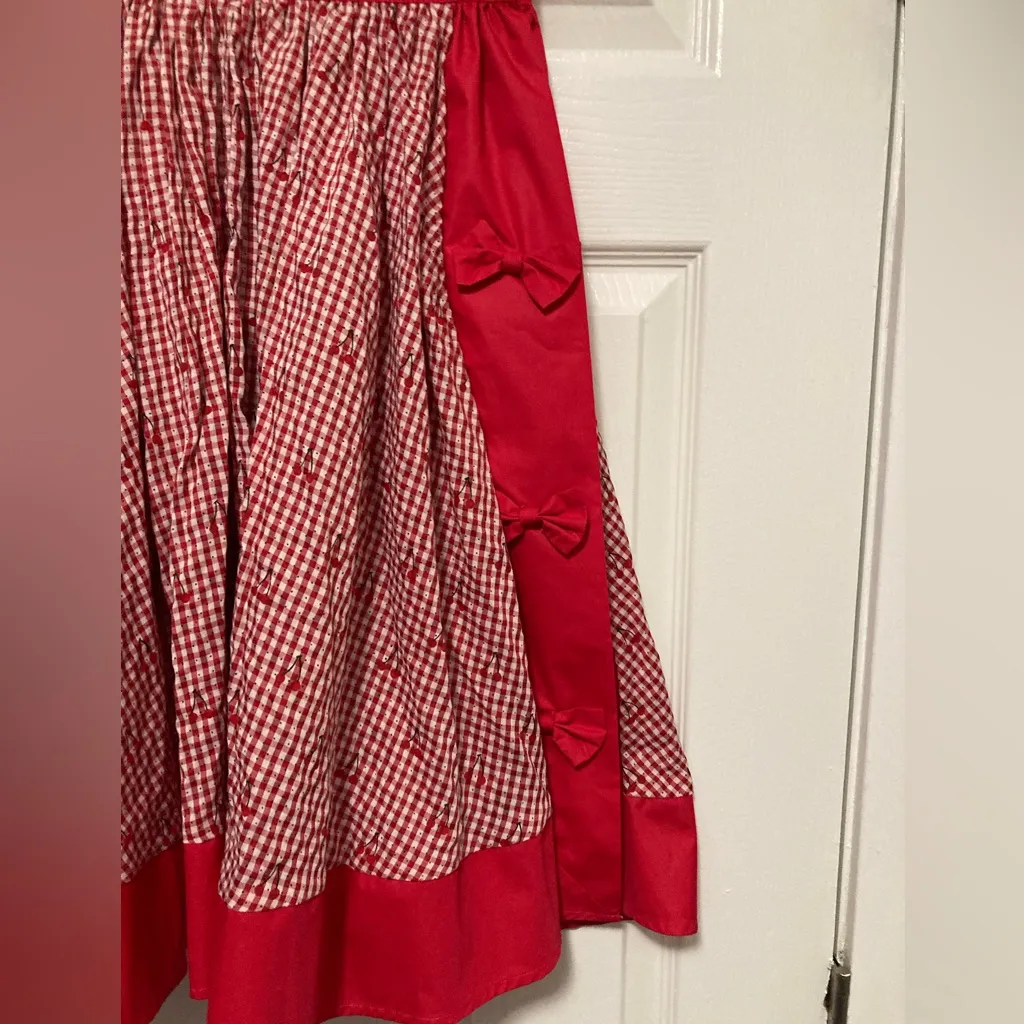 Unique Vintage Red Gingham Cherry Print Rye Swing Skirt - Image 5