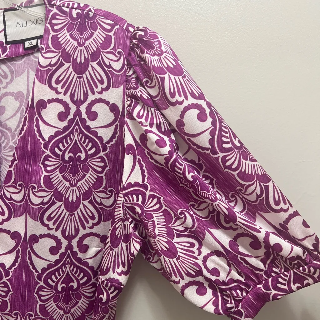 ALEXIS Wynova Midi Dress Puff Sleeve Waist Tie in Mulberry Size XL - Image 10