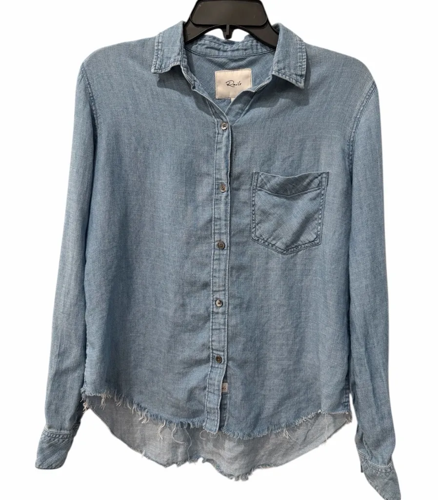 Rails Chambray Blue Denim Distressed Raw Hem Button Front Shirt Tencel Size XS - Image 1