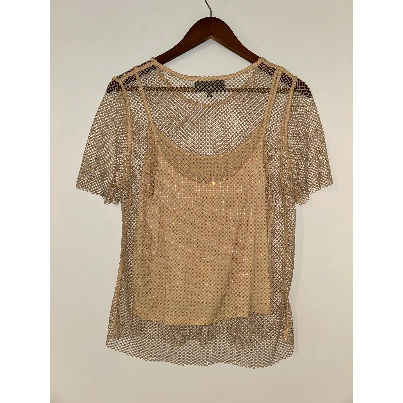 Anthropologie Sunday in Brooklyn L Rhinestone Crystal Mesh TShirt Nude Sheer Top - Image 11