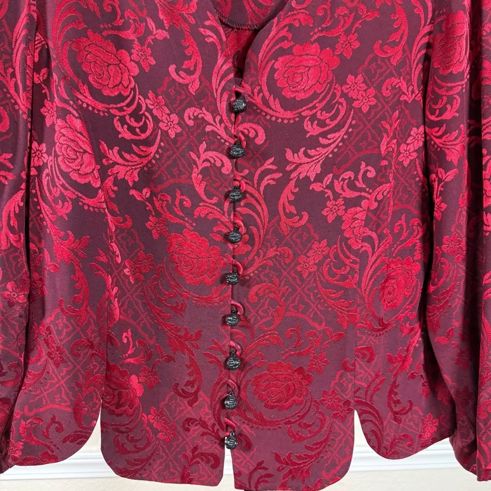 Elegant Jacquard Long Sleeve Blazer Blouse Red Black Raised Floral Shoulder Pads - Image 2