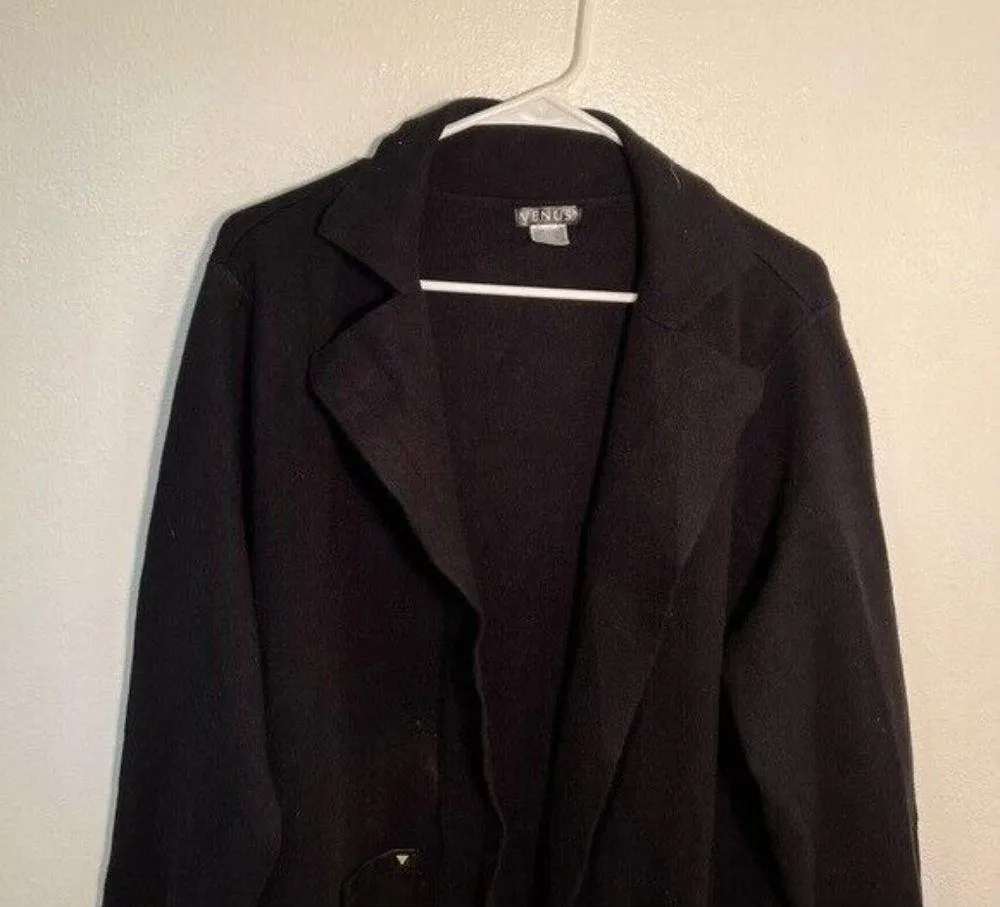 Venus Fringe Detail Duster Cardigan Black Faux Leather Pockets - Image 3