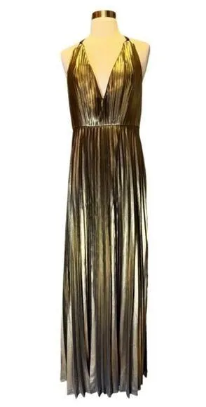 AIDAN MATTOX Pleated Folied Chiffon Halter Gown Bronze Metallic Maxi 4 EUC - Image 1