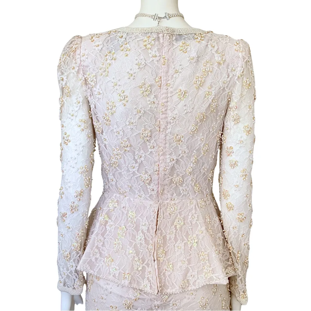 Vintage 80s Ivory Lace Pearl Beaded Sequin Peplum Dress XS Bridal Off White NWT - Image 12