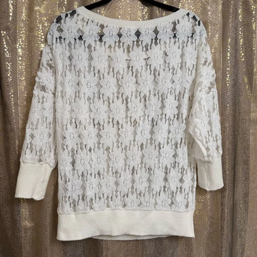 Kut From The Kloth White Floral Lace Scoop Neck 3/4 Sleeve Top Large - Image 2