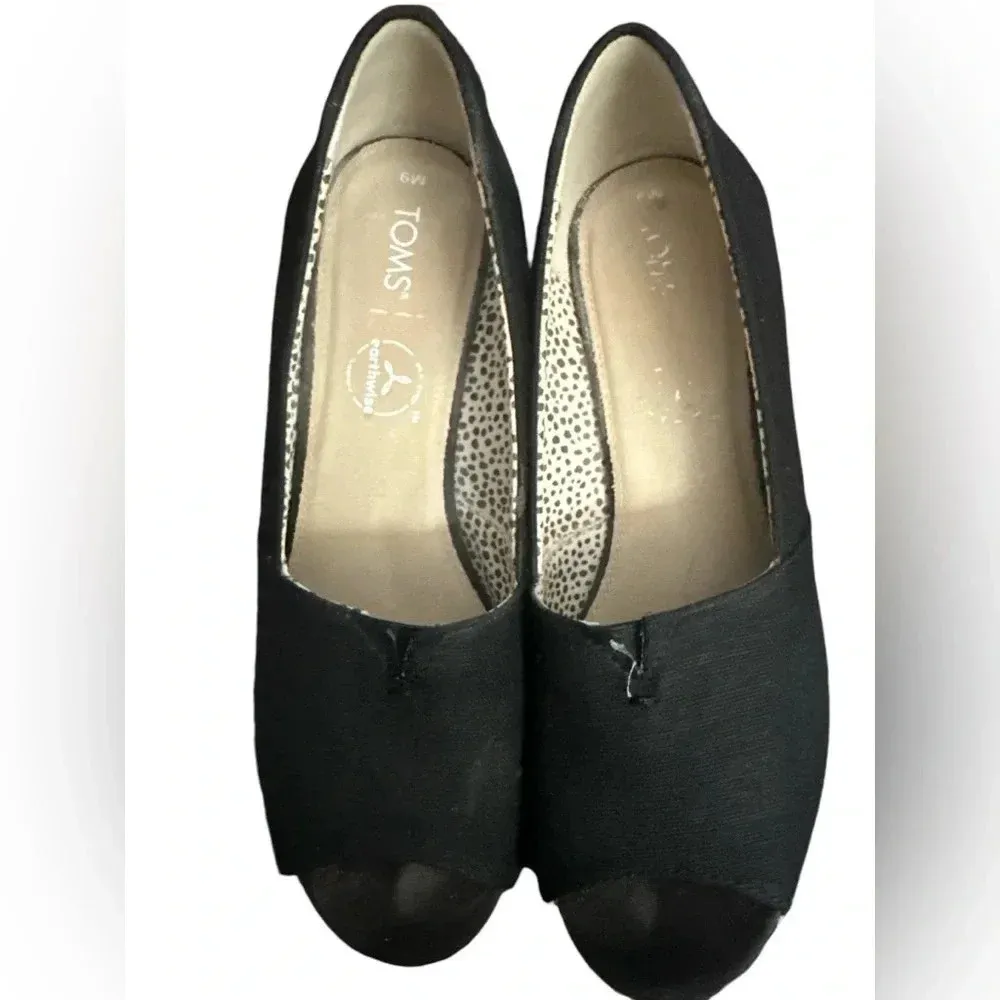 TOMS Women Michelle Black Cotton Peep-Toe Platform Cork Wedge  Heel - Image 3