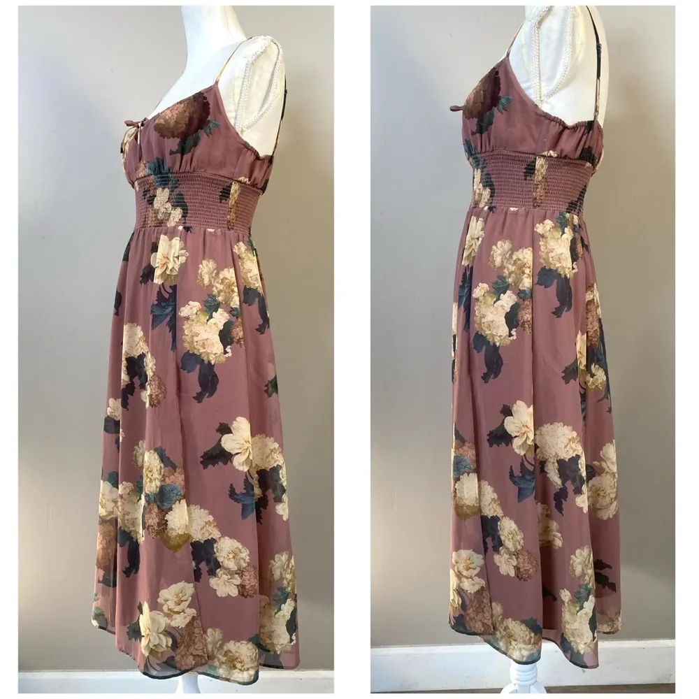 Wilfred Genoa mauve brown smocked side slit floral midi dress Small Purple - Image 9