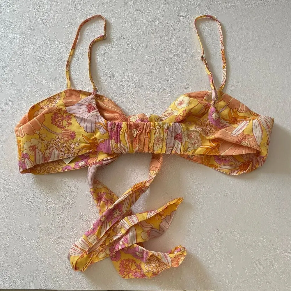 H&M Floral Linen Blend Tie Front Crop Top M Retro Y2K Daisy Print Summer Blouse - Image 2