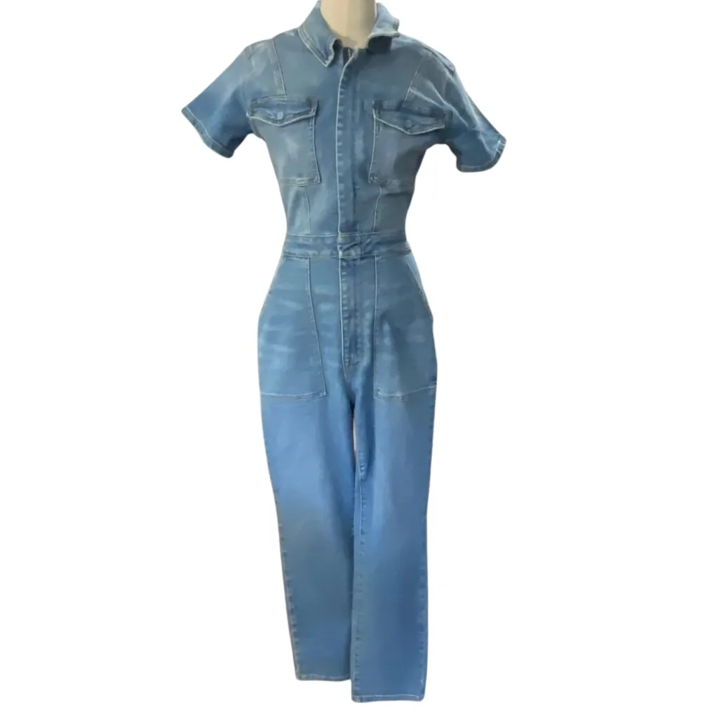 GOOD AMERICAN Fit For Success Stretch Denim Jumpsuit NEW Size 1/ Extra Small - Image 11