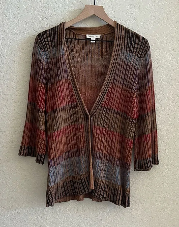 COLDWATER CREEK Brown Orange Rayon Stripe Button Cardigan Sweater Women’s Medium - Image 1