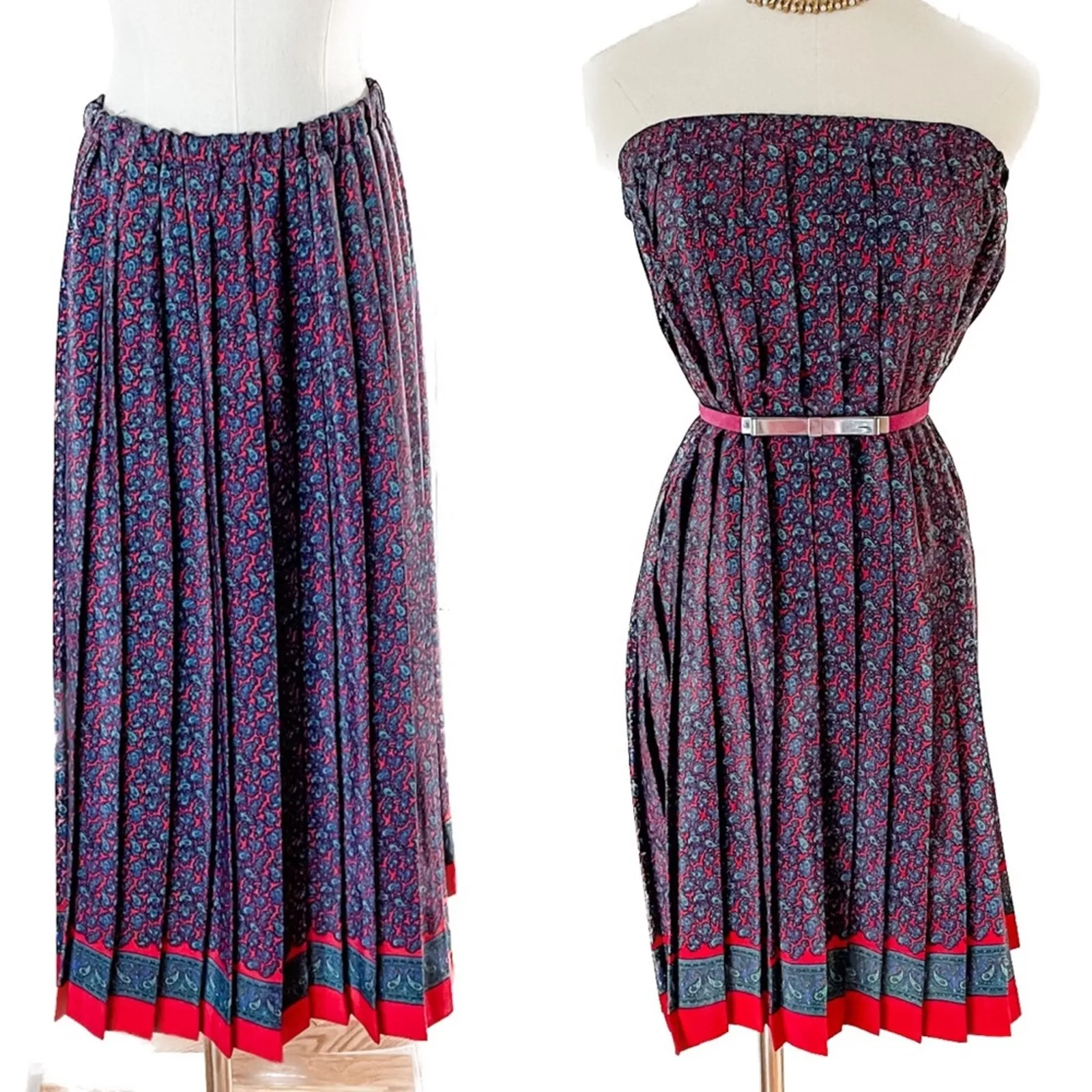 VIntage 90s vibrant paisley accordion pleated midi skirt/mini dress size S/M 6/8 Red - Image 2