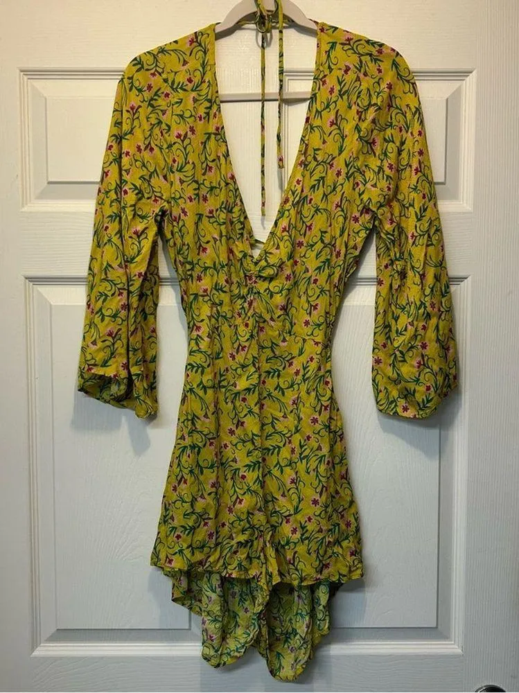 Anthropologie Magnolia Romper One Piece Long Sleeve Shorts Yellow Floral Size L - Image 2