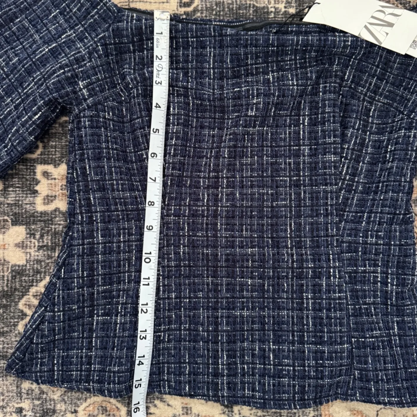 ZARA‎ Women Navy Plaid Tweed Corset Top Flare Sleeve Bell Sleeve Cropped - Image 6