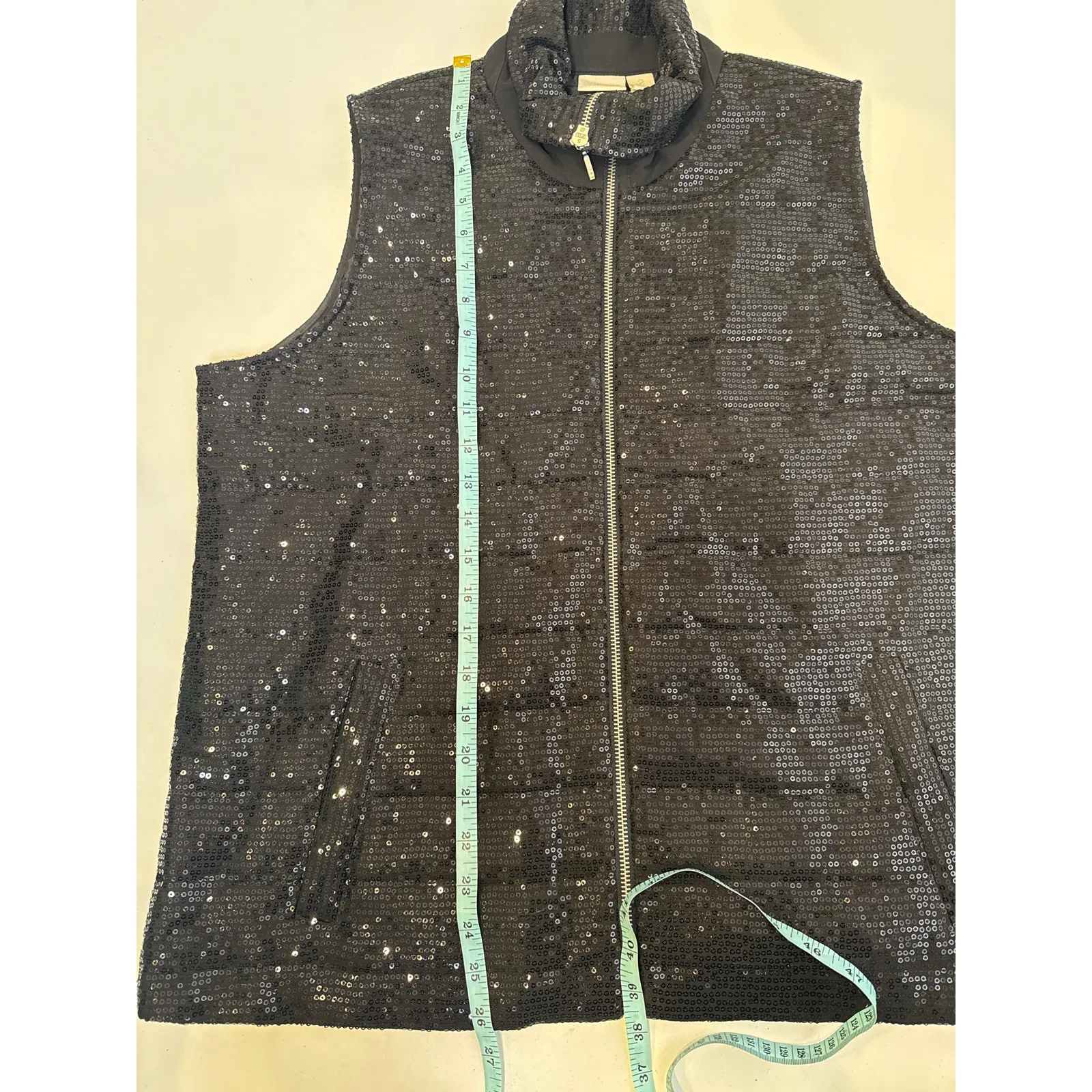 Chico’s Collection Black Sequin Zip Vest EUC Sz US L/12 or Chico’s 2 Polyester - Image 9