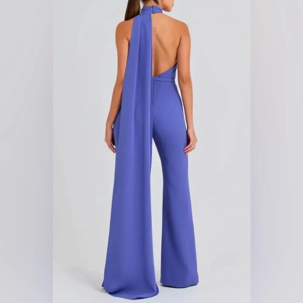 NADINE MERABI Lorrie Drape Halter Neck Wide Leg Jumpsuit Blue Size XXL - Image 3