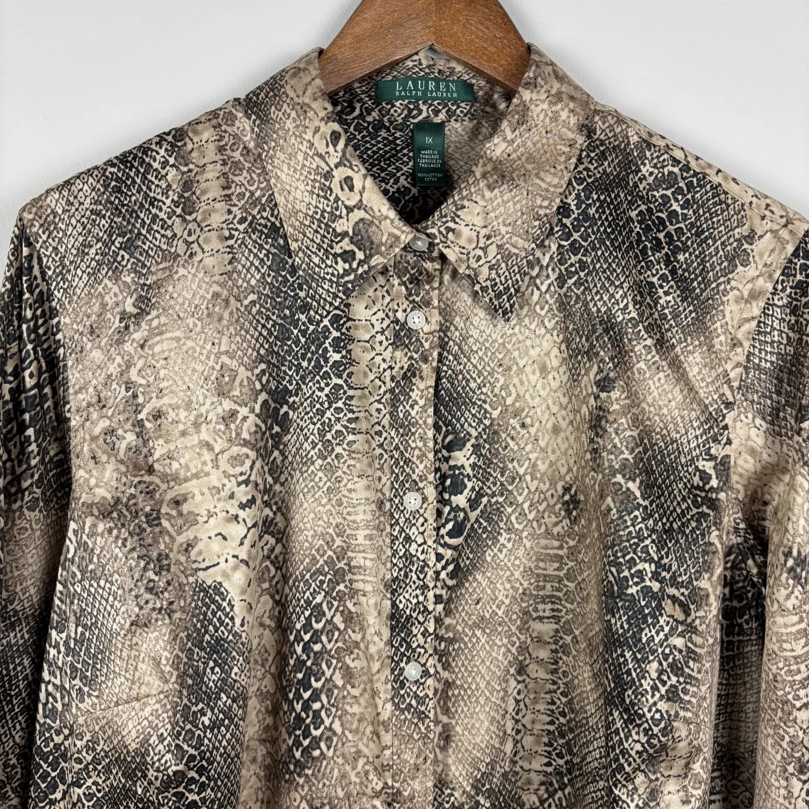 Lauren Ralph Lauren Shirt Womens 1X Snake Print Button Up 3/4 Sleeve 100% Cotton - Image 3