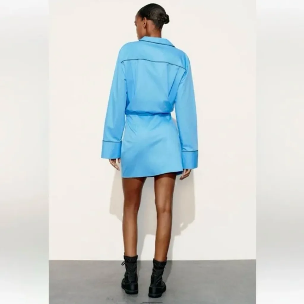 ZARA Short Trench Coat Deep V-Neck Cotton Button-Up Shirt Dress Blue‎ Size Large - Image 6