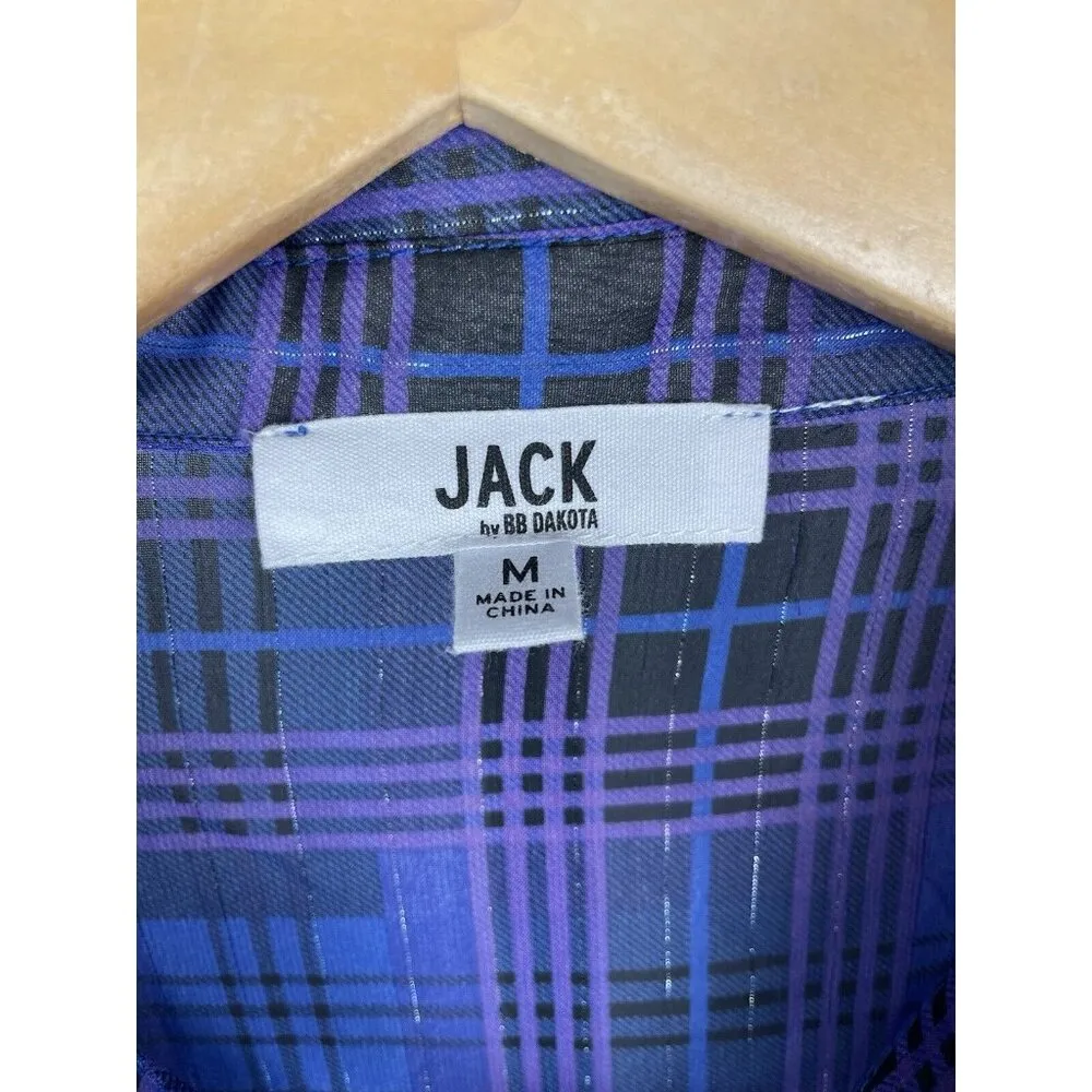 Jack BB Dakota Purple Blue Plaid Sheer‎ Ruffle Button Up Shirt Dress Cover Up M - Image 4