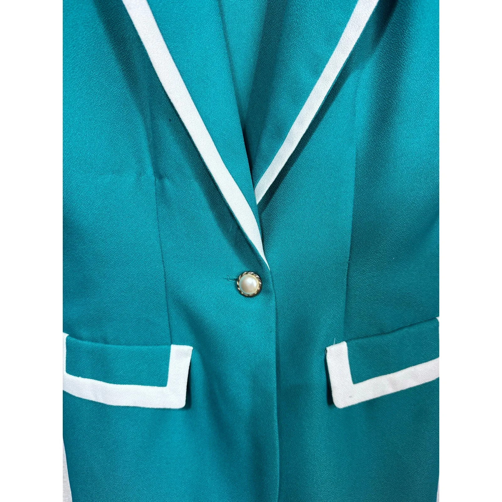 Vintage Habits Teal Blazer White Trim Single Button Mod Colorblock Women's S USA - Image 9