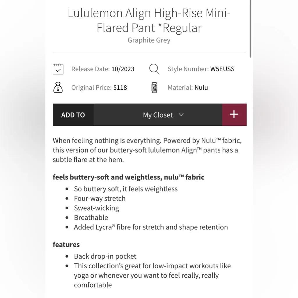 Lululemon NWOT Align High Rise Mini Flares Pants Leggings Graphite Grey Size 8 - Image 6