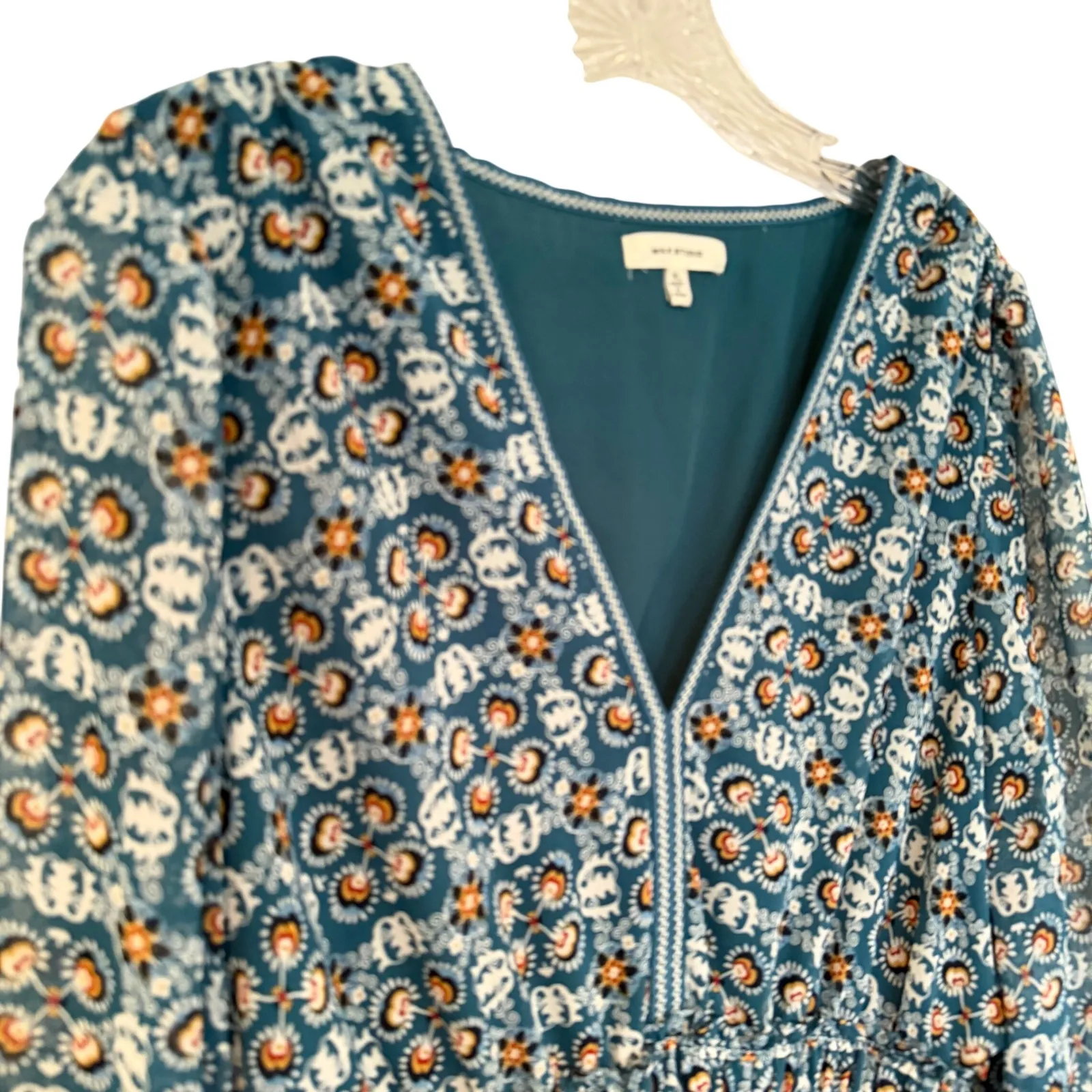 Max Studio Smocked Waist Mini Dress Women's XL Teal Boho Hippie Dainty Career - Image 3