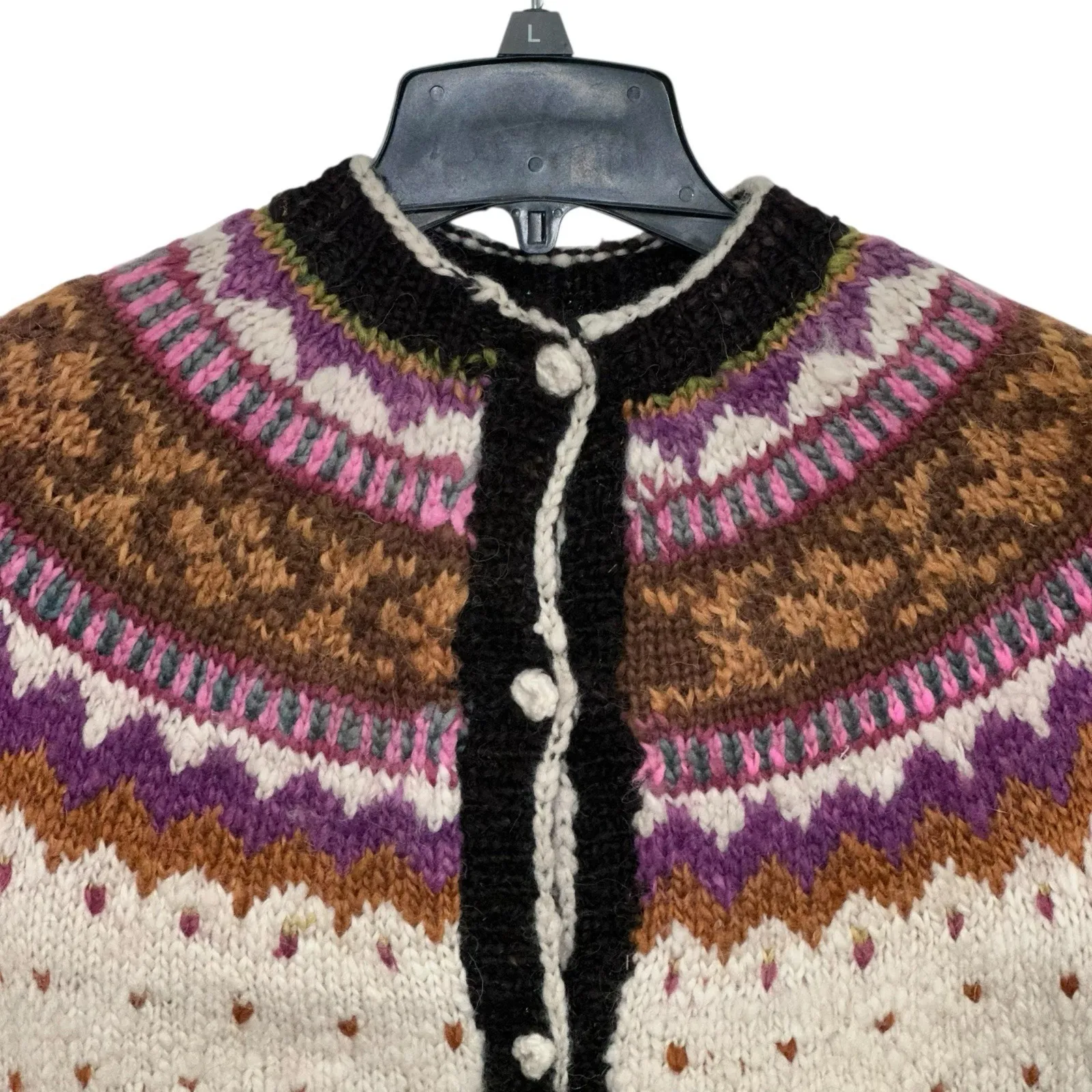 Vintage Nordic Sweater Womens Size S Wool Hand Knit Fair Isle Cardigan Chunky - Image 2