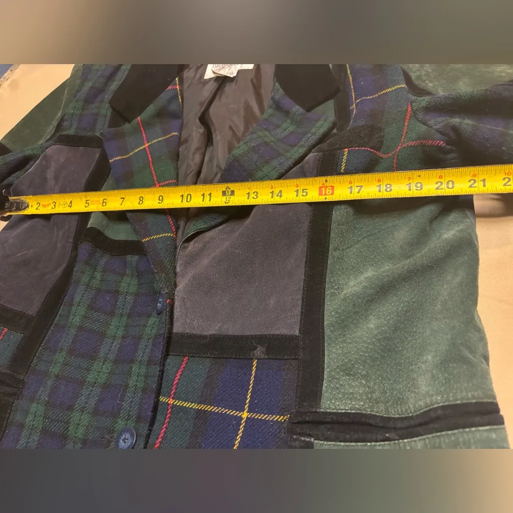 Vtg Women Brandon Thomas 90's Patchwork Leather Wool Blend Jacket Size 16M Plaid Multiple - Image 8