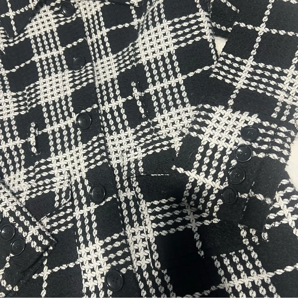 Black and White Plaid Pea Coat Size L - Image 2