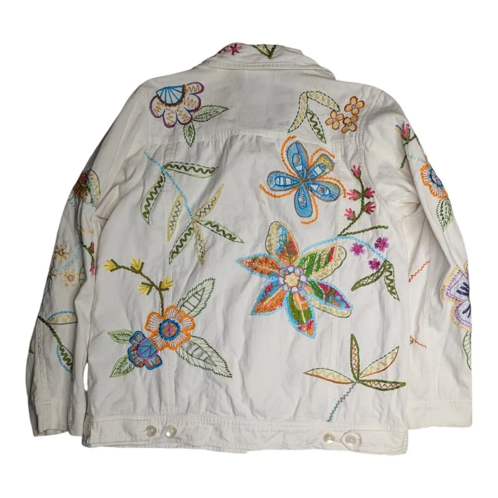 Vtg Y2K Draper's & Damon's White Colorful Floral Embroidered Light Jean Jacket M - Image 2