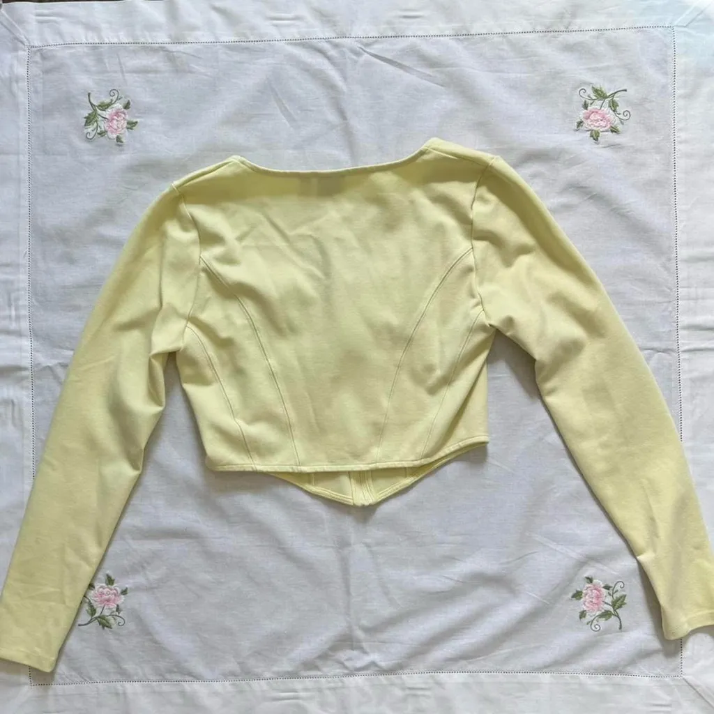 pale yellow Aritzia Sunday Best zip up long sleeve crop/corset - Image 4