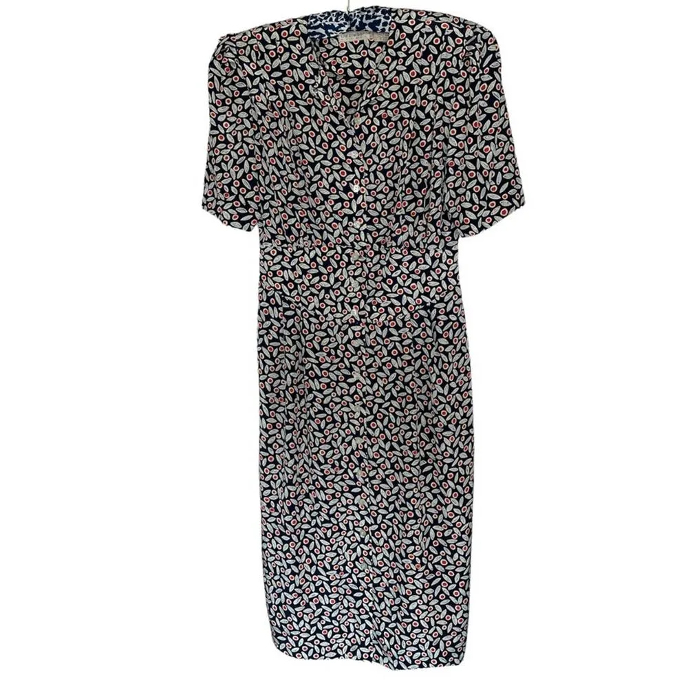 Liz Claiborne Vintage 80s Navy Print Short Sleeve Tucked Waist Shirtdress 10 - Image 2