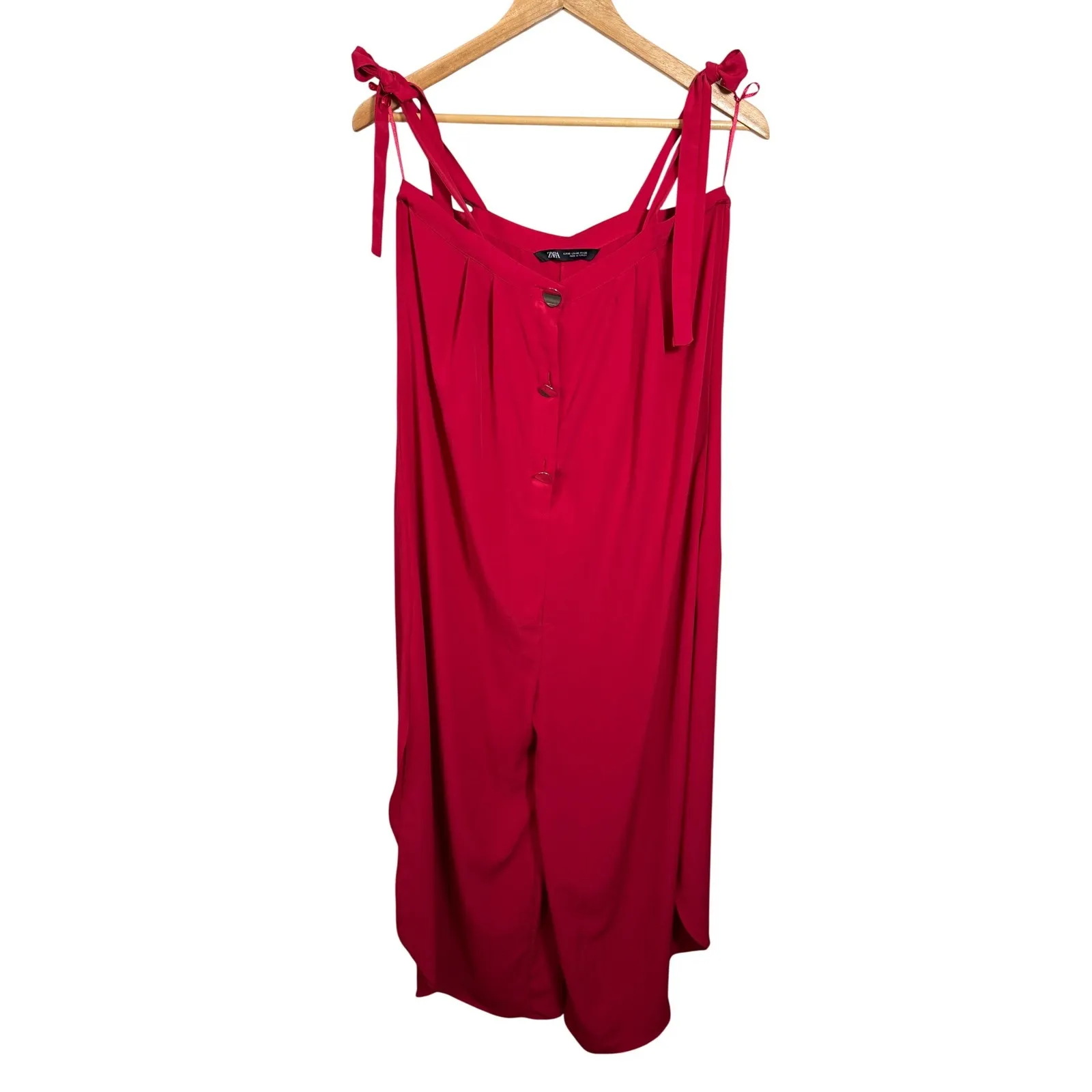 ZARA Wide Leg Jumpsuit Culotte Tie Shoulder Red Button Front Cropped Womens XS - Image 3