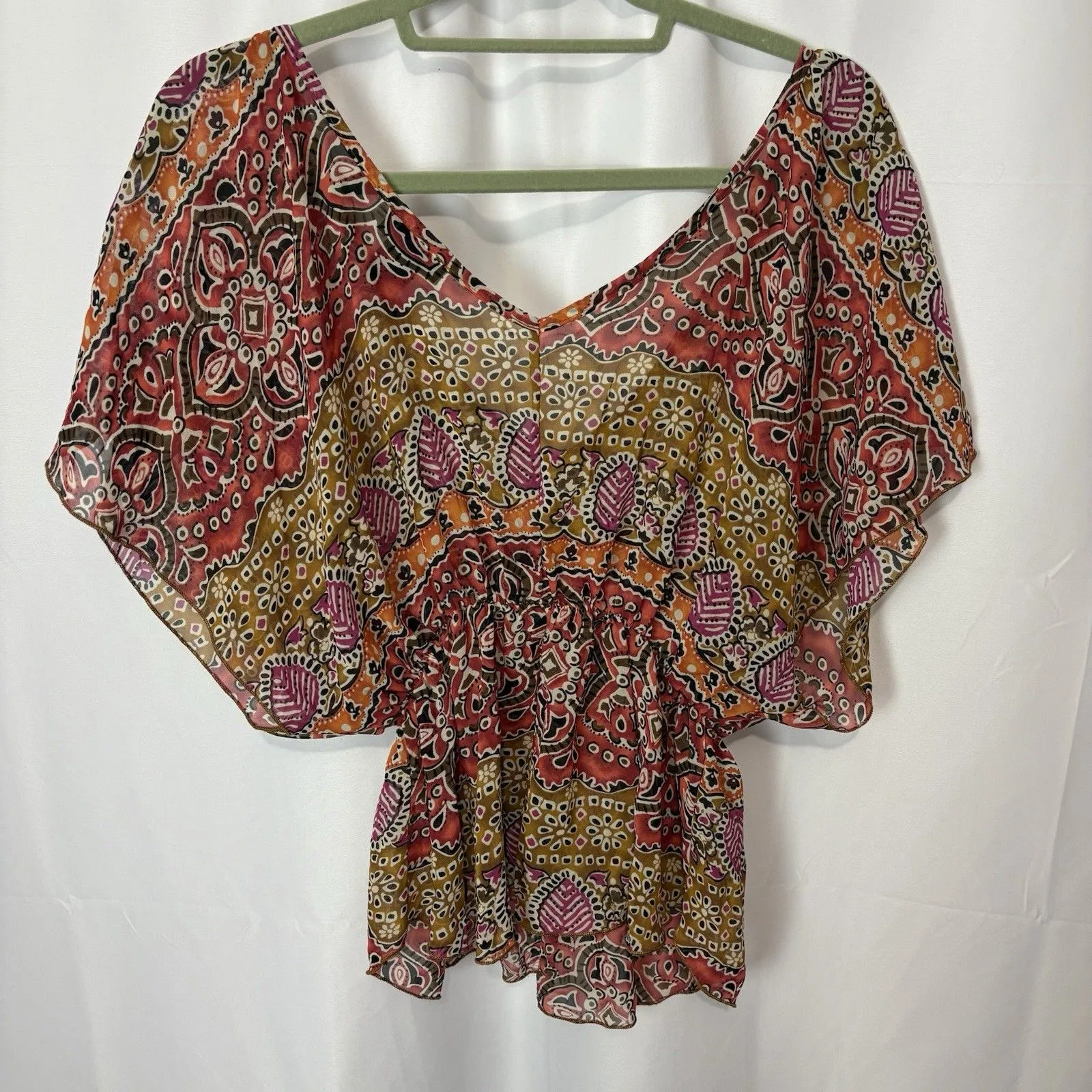 VTG 90s Y2K Does 70s Wet Seal Paisley Sheer L Kaftan Top V Neck Hippie Sz S - Image 6