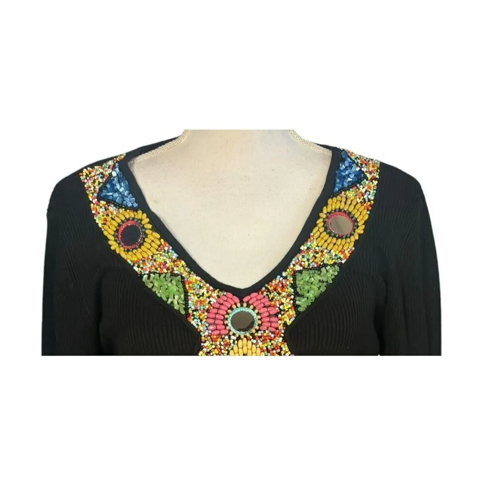 Berek Top Size Large Black Beads Embellished Ribbed Artsy Bling Jewel Stones - Image 4