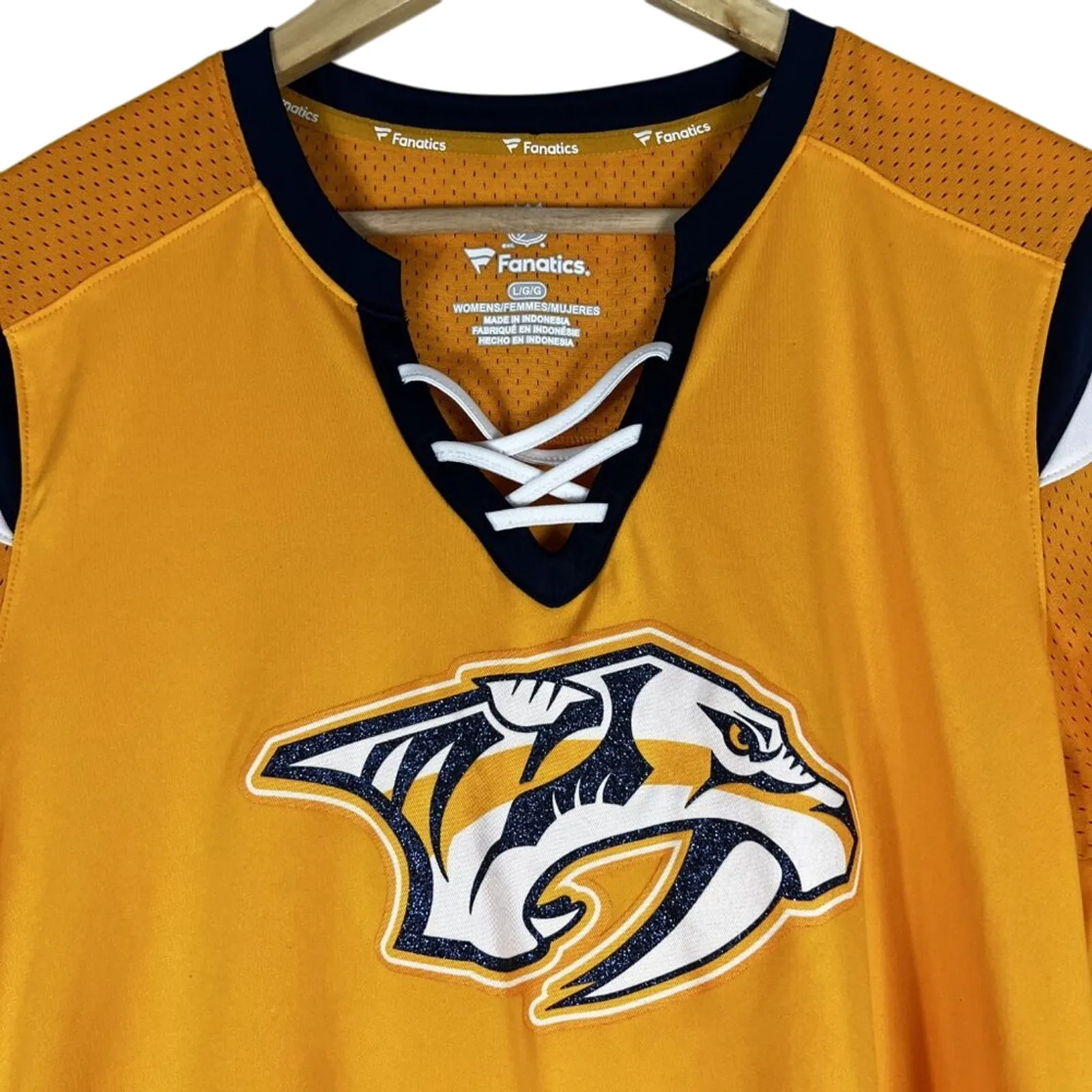 Fanatics Nashville Predators T-Shirt Womens L Gold Mesh Lace-Up Sports Tee - Image 2