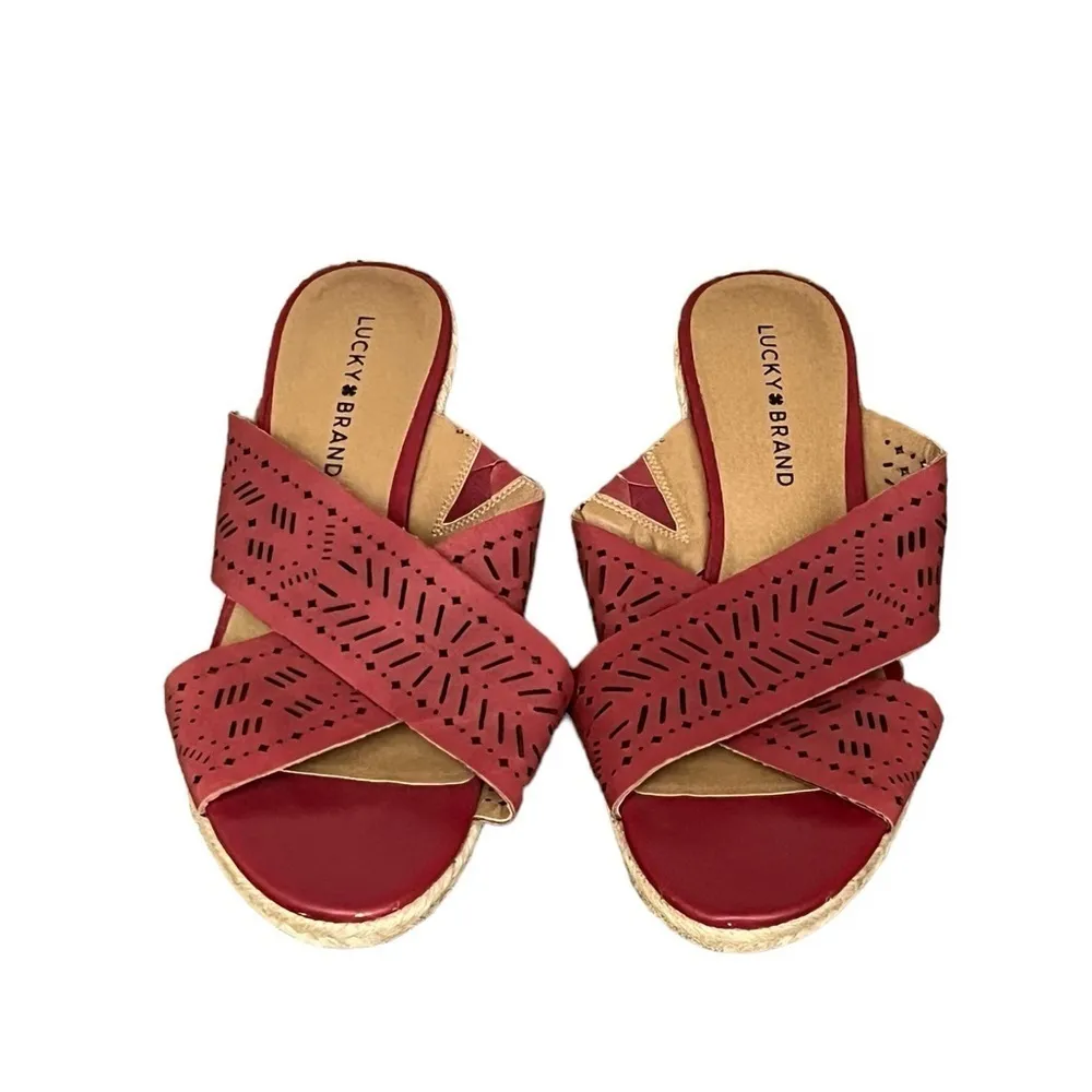 Lucky Brand Wedge Keela Rosewood Open Toe Leather Slip On  Sandals Size 8 Beach - Image 3