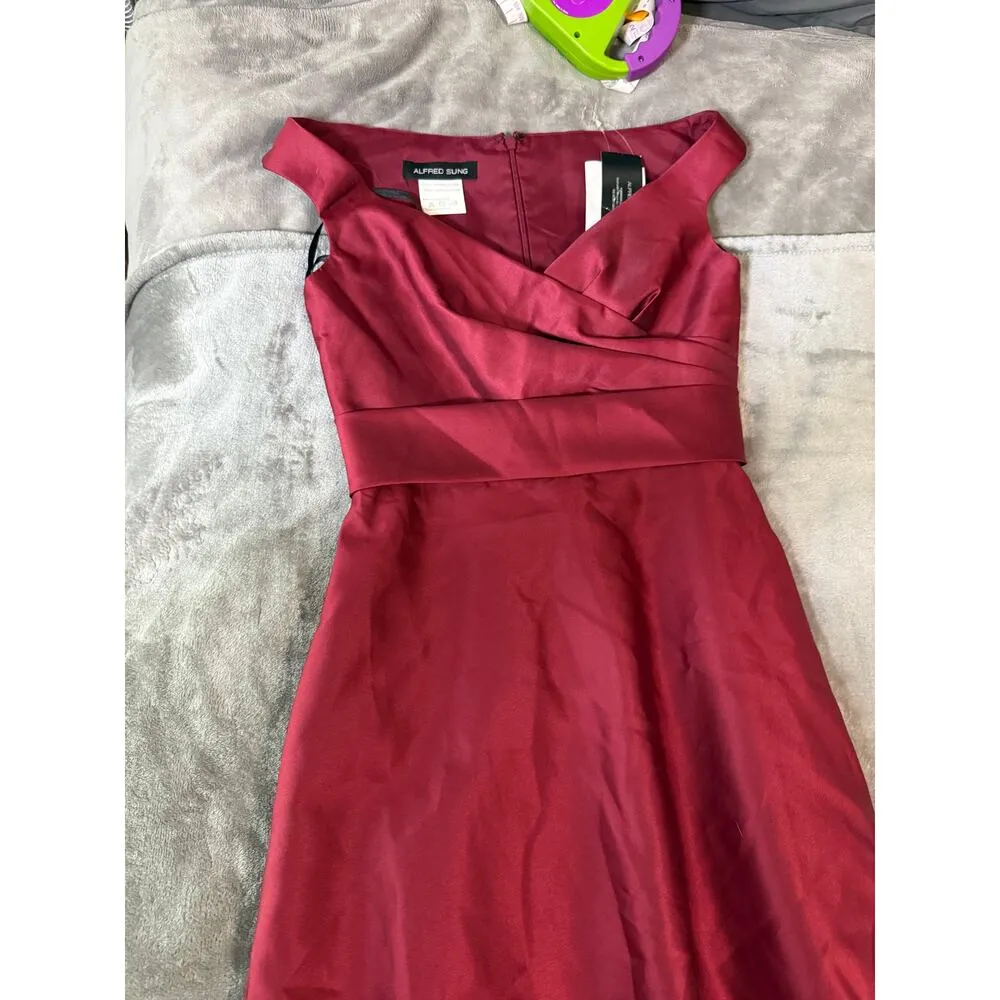 NWT Alfred Sung Size 4R BRIDESMAID DRESS D753 BURGUNDY Statin Twill Gown Pockets - Image 6