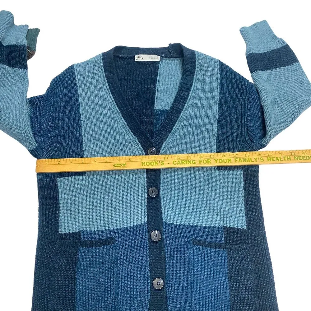 ZARA Small Blue Patchwork Chunky Knit V Neck Cardigan Sweater Bloggers Favorite - Image 9