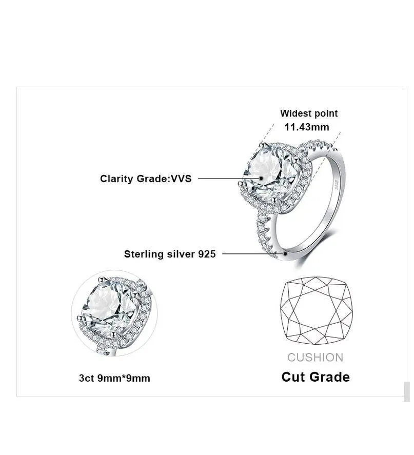 SIZE 9 925 3ct Princess Cut Halo Cubic Zirconia Sumulated Diamond Ring - Image 5