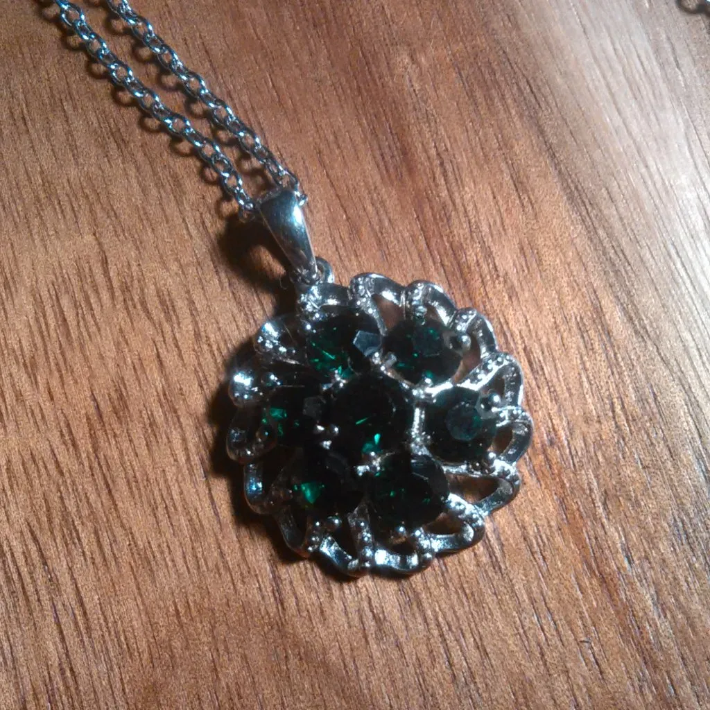 Green Crystal Floral Platinum over Brass Pendant Stainless Steel Necklace - Image 5