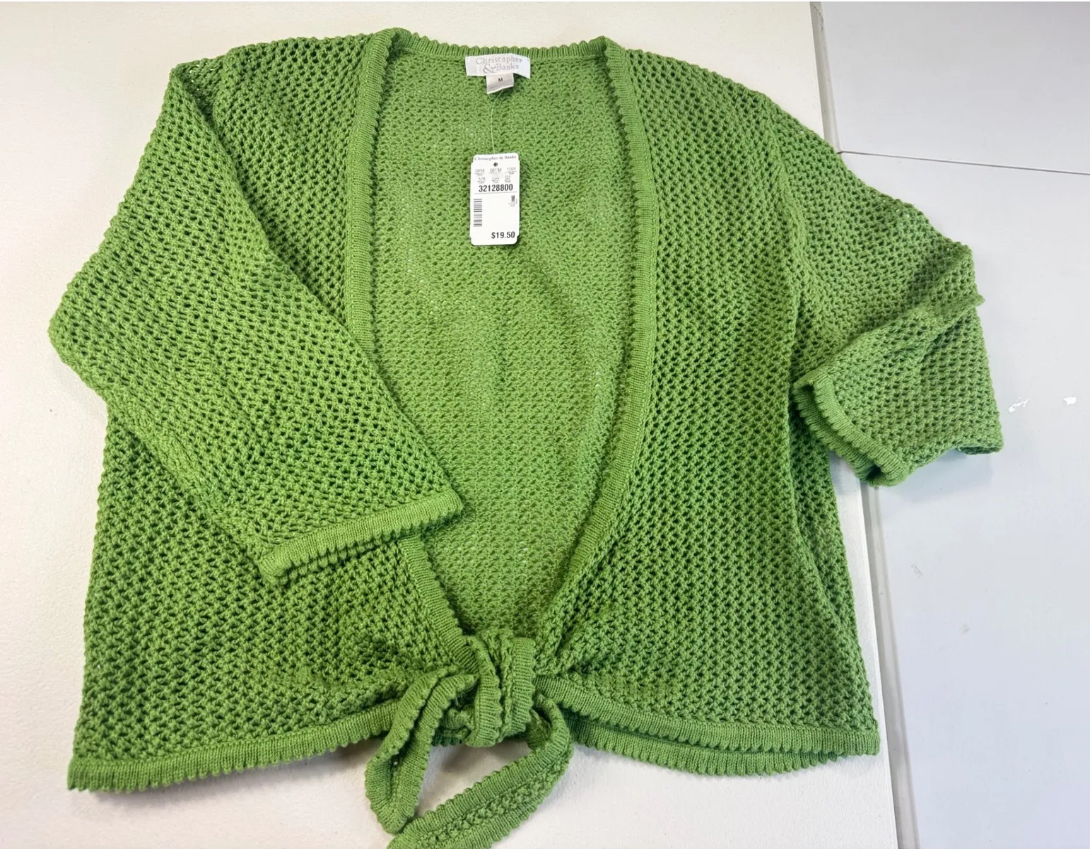 Christopher & Banks Tie Front Cardigan Knit Open Weave Green Womens M crochet - Image 1