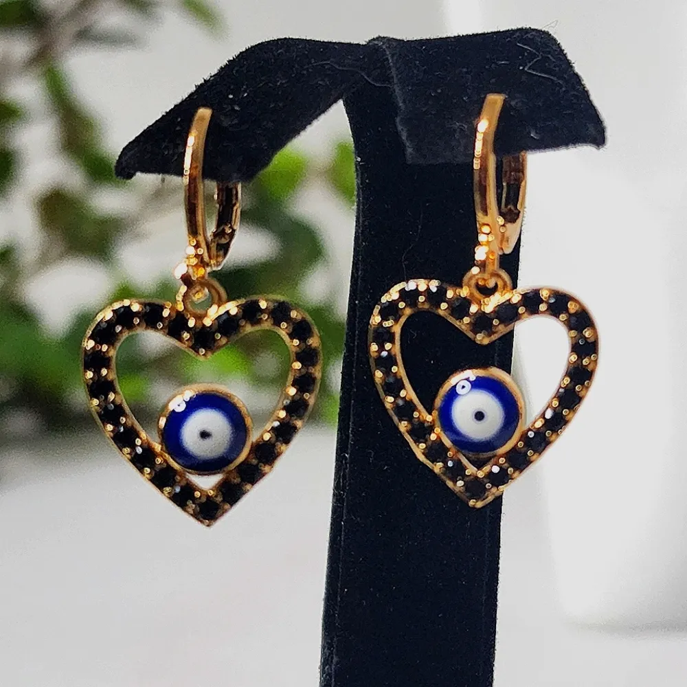 Gold Filled Black Zirconia Heart Evil Eye Huggie Earrings - Image 2